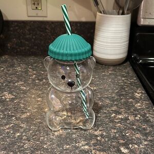 Bear Shaped Clear Cup with Teal Lid and Straw